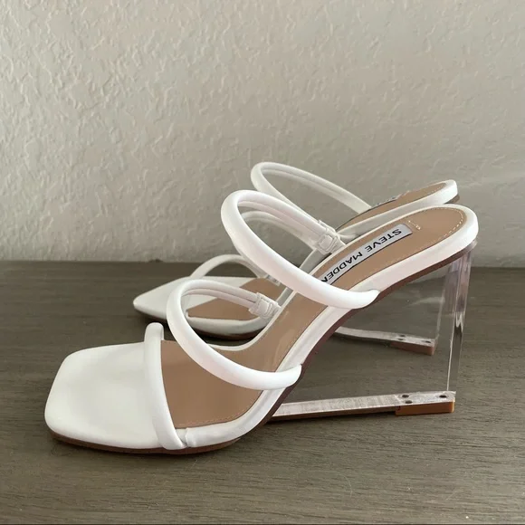 NIB Steve Madden Lunette White Strappy Clear Wedge Heels Sandals, Size 7 - Picture 4 of 9